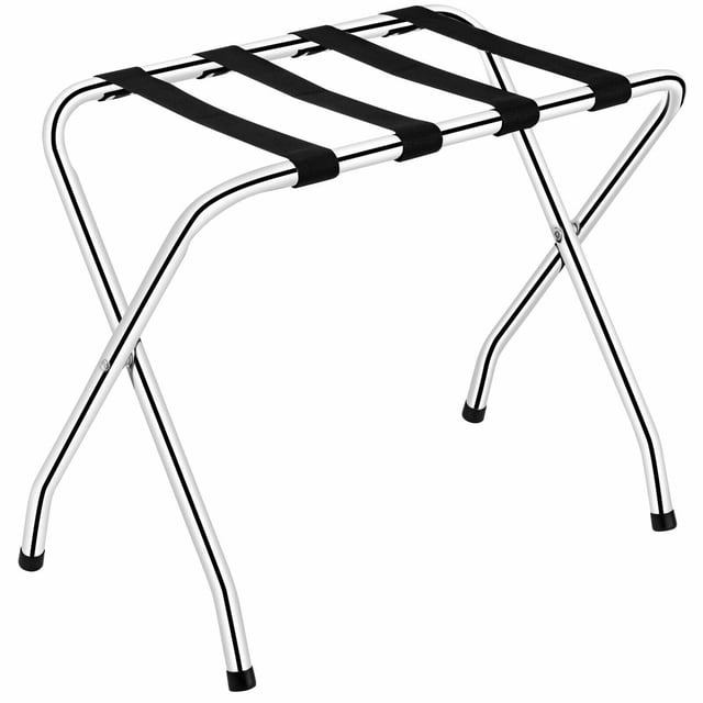 Gymax Folding Luggage Rack Chromed Metal Suitcase Holder Shelf for Home Hotel. Designed with a durable silver steel frame and black nylon straps for stability. Foldable with skid-resistant footpads and a lower shelf for extra storage, ideal for guestroom or travel use. Dimensions: 26.5'' x 16'' x 21.5'' (L x W x H). Suitable for organizing luggage or storing items in vacation homes.