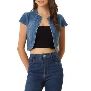 INSPIRE CHIC Women's 2023 Crop Denim Cap Sleeve Slim Fit Summer Jean Jacket XL Medium Blue