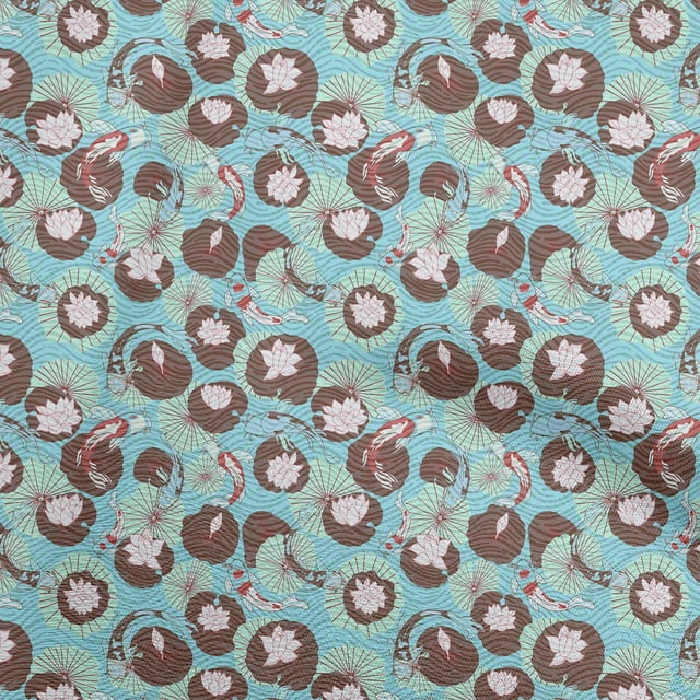oneOone Rayon Light Blue Fabric Asian Japanese Koi Fish with Abstract Flower Craft Projects Decor Fabric Printed by The Yard 56 Inch Wide