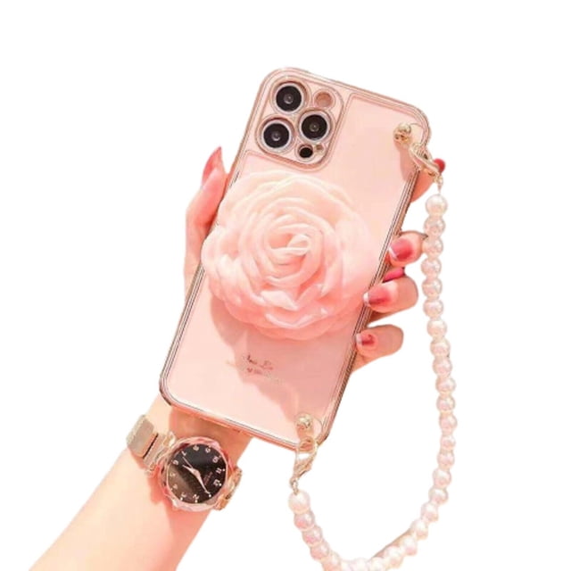 iPhone 12 Pro Étui Robuste Bracelet Chaîne de Poignet Style Fleur de Luxe - Rose