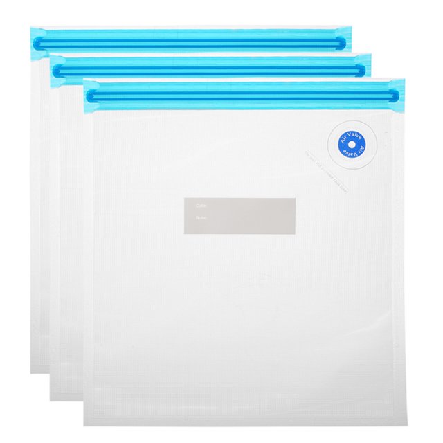 Amdohai 10 Pcs Sacs de Scellage Alimentaires Réutilisables Sans BPA avec Matériau transparent et Pinces de Scellage Bleues. Présente une Conception Hermétique avec une valve à air et une Zone d'Étiquette Inscriptible pour Préserver la Fraîcheur et Enregistrer les Saveurs. Idéal pour la Cuisson sous vide, la Préparation de Repas et l'Organisation du Garde-Manger.