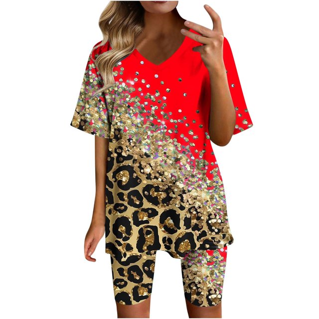 Ensembles Deux Pièces pour Femmes Été Mode Décontractée T-Shirt à Manches Courtes Col en V Ensemble Short Ensembles Deux Pièces pour Femmes Sorties en Liquidation