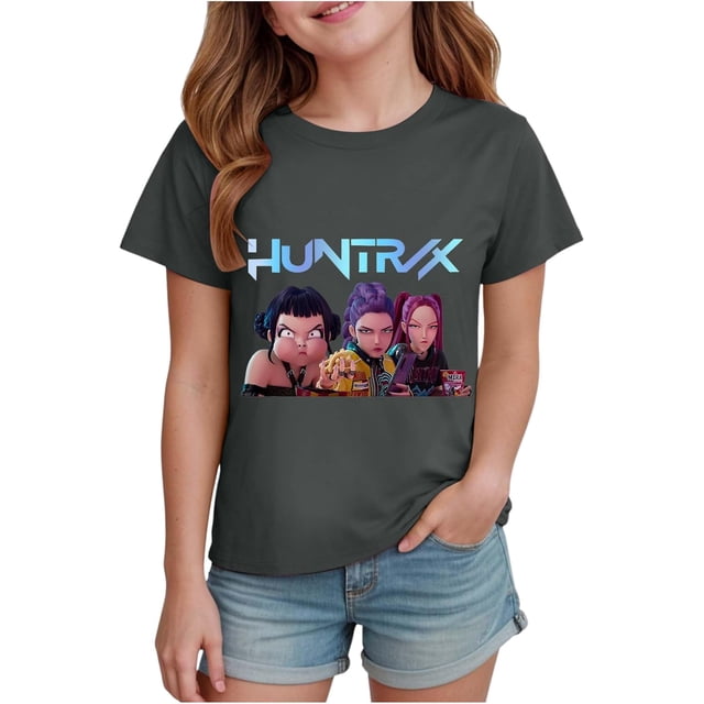 K pop Demon Chandail pour Filles, T-Shirt Graphique Mignon avec Dessin Animé, T-Shirt Tendance et Drôle, Chandail pour Enfants, Hauts Roses, Manches Courtes, Col Ras du Cou