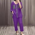 thumbnail image 2 of Hvobtty Ensembles de Blouses à Col Rond à Manches Courtes pour Femmes, Ensemble Décontracté et Tendance pour Femmes, Couleur Unie, Chemise à Manches Cinq Quarts Boutonnée à Double Poche et Pantalon, 2 of 5