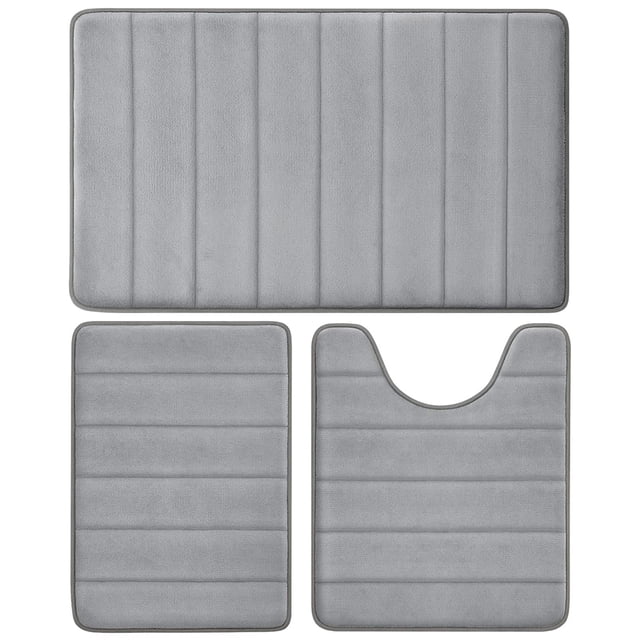 Semfri 3 Pcs Memory Foam Bathroom Mat Set in gray, featuring a large 20 x 32 inch mat, a small 16 x 24 inch mat, and a U-shaped 20 x 24 inch mat. These non-slip, absorbent mats are made of thick memory foam for comfort and durability. Suitable for bathrooms, kitchens, and other indoor spaces. Machine washable for easy maintenance.