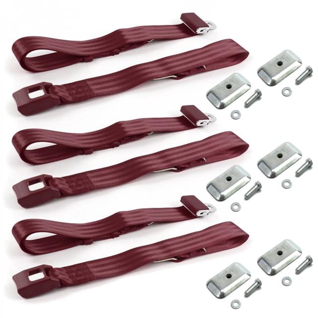 Ford Falcon 1966-1970 Standard 2 Point Burgandy Lap Bench Seat Belt Kit with Bracketry - 3 Belts