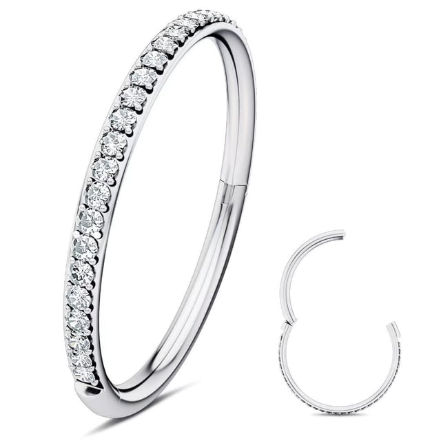 LNGOOR 316L Surgical Steel Hinged Nose Rings Hoop with Zircon 16G Body Pierecing Ring Segment Clicker Lip Rings Cartilage Rook Diameter 8mm (Silver)