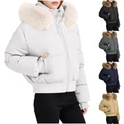 yoeyez Winter Jackets for Women with Fur Hood Cropped Thicken Quilted Puffer Jacket Hooded Warm Parka Coats with Pockets Black,M