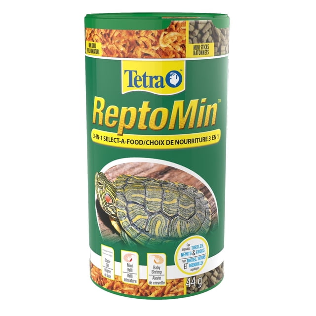 ReptoMin Aquatic Turtle Frog & Newt Food 44g canister with green lid featuring a turtle image, containing a three-in-one select-a-food formula with mini krill, baby shrimp, and floating food sticks for aquatic turtles, newts, and frogs, suitable for a nutritious amphibian diet.