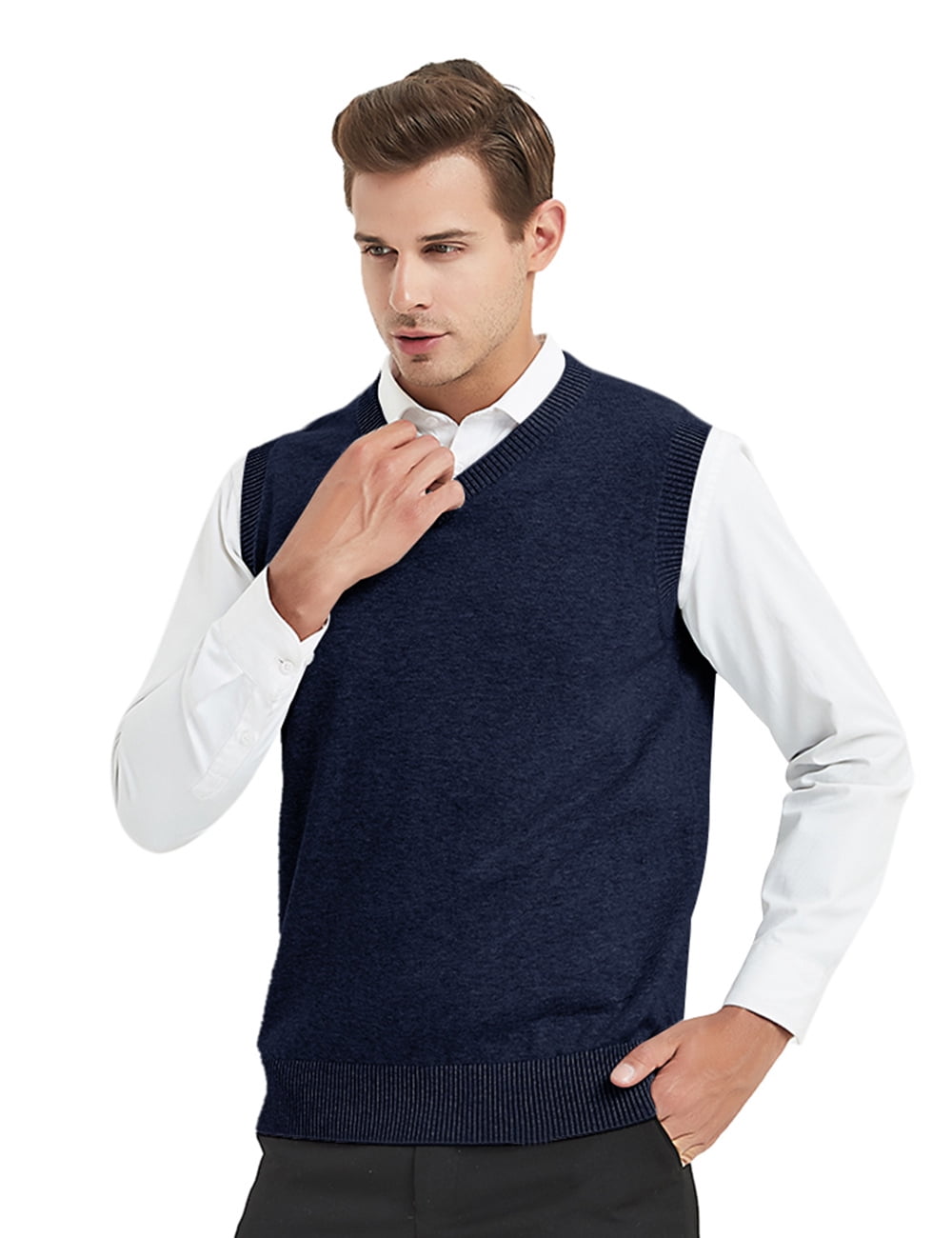 TOPTIE Chandail Sans Manches Uni pour Homme, Coupe en Coton Décontractée - Bleu Marine - TTG