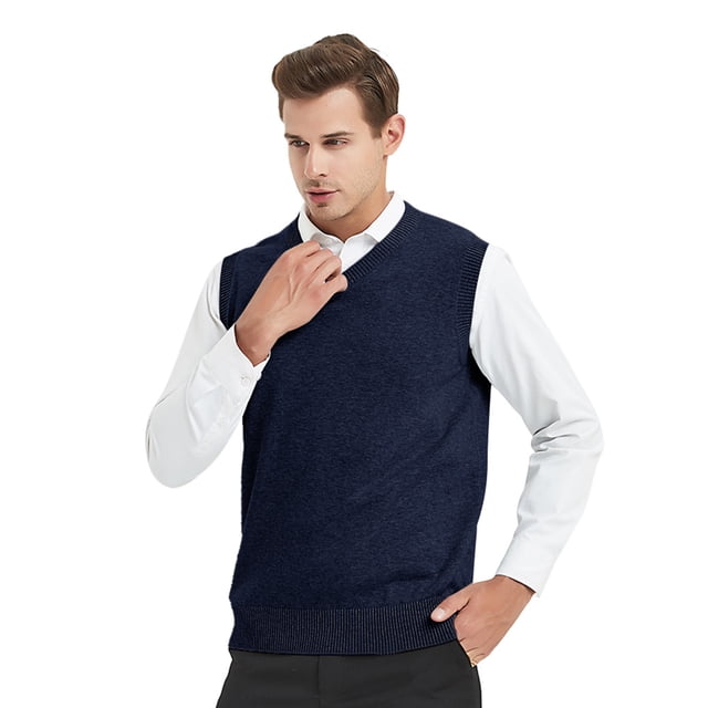 TOPTIE Chandail Sans Manches Uni pour Homme de Style Affaires, Bleu Marine, Taille TG, en Coton Peigné 100 %. Ce Chandail Sans Manches à Col en V Présente un Ourlet Côtelé et Est Idéal pour Superposer sur des Chemises Boutonnées, des Polos Ou des T-shirts à Col Rond. Convient aux occasions Décontractées Ou Professionnelles.