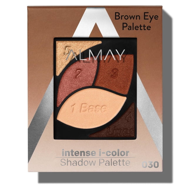 Almay intense i-color Shadow Palette Brun pour les Yeux avec Cinq Fards à Paupières Numérotés Incluant une base d'Apprêt Enrichie en Vitamine E Étiquetée « 1 base » en beige Pâle, et des Teintes Brun Chaud, Cuivre, Rougeâtre et Or dans un Emballage compact en Forme de Pétale pour l'Intérieur Brun et Argent, Convient pour des Yeux Lisses, Port Toute la Journée et Sensibles.