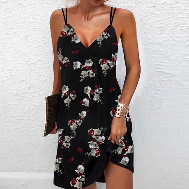 drppepioner Robe d'Été pour Femme Sans Traces à Col en V Imprimée à Double Bretelle Jupe à Bretelles Robe pour Femme. Cette Robe Décontractée Présente une base Noire avec un Imprimé floral, un Col en V et des Bretelles Doubles. le design Enveloppant les Hanches et l'Ourlet Irrégulier Ajoutent une Touche Stylée, la Rendant Adaptée au Port Quotidien Polyvalent Ou aux Fêtes. Fabriquée en polyester, Elle Est Légère et Confortable pour Toutes les Saisons.