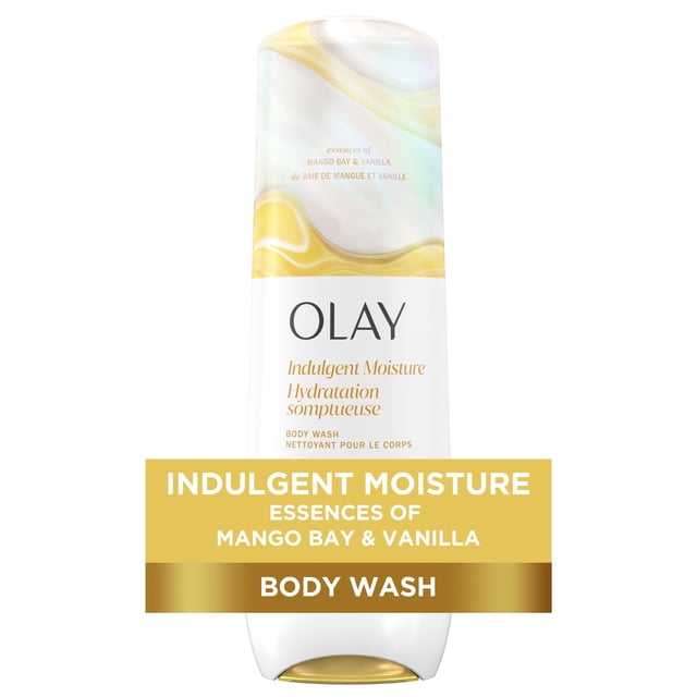 Olay Indulgent Moisture Body Wash infused with Vitamin B3 complex and essences of mango bay and vanilla in a white and gold plastic bottle with flip cap, providing 24-hour moisturizing hydration for visibly glowing skin.