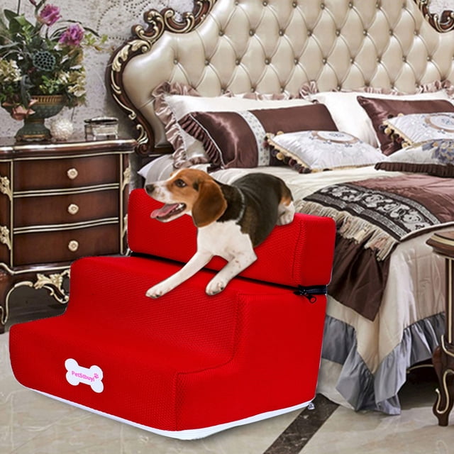 Riforla 3 Step Dog Step Stairs Pet Ladder in red, designed for small dogs, featuring a removable and comfortable mesh cover. The lightweight and compact design is ideal for assisting pets in reaching elevated surfaces like beds or couches. Shown in a luxurious bedroom setting with a beagle using the stairs.
