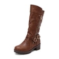 thumbnail image 4 of Platform Buckle Motorcycle Riding Boots for Women with Side Zipper Winter Fall Slouchy Leather Wide Mid Calf Tall Boots, 4 of 5