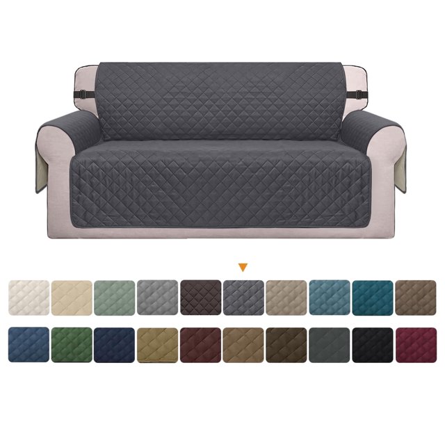 Housse de sofa Réversible Gris, Conçue pour la Résistance à l'Eau et la Fonctionnalité Antidérapante. la Housse Matelassée Présente des Sangles Élastiques pour un placement Sécurisé et Convient pour Protéger les Meubles contre les Animaux, les Enfants et les Déversements. Fabriquée avec Trois Couches de Tissu Épaissi, Elle Offre un Toucher Doux et un Confort. la Housse Est Lavable à la machine et Offerte en Plusieurs Tailles et Couleurs, Illustrée Ici sur un sofa standard.