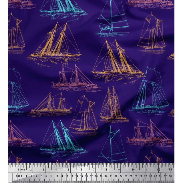 Soimoi Rayon Fabric Ship Ocean Printed Craft Fabric by The Yard 56 Inch Wide