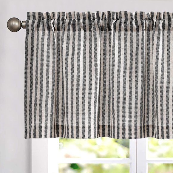 Linen Stripe Curtain Valance for Windows 16 Inch Blackout for Kitchen Living Room Bathroom Rustic Cottage Farmhouse Window Treatment Rod Pocket Design 1 Panel Black on Linen