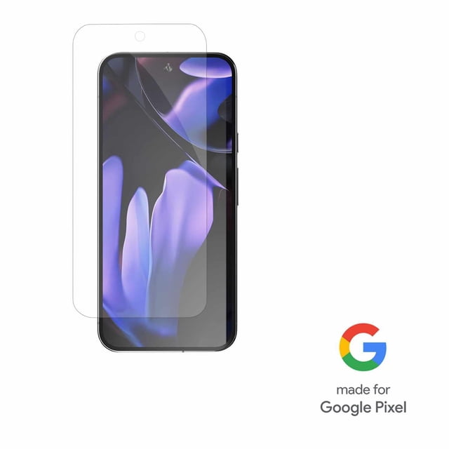 Blu Element Protecteur d'Écran en Verre Trempé en Vrac pour Google Pixel 9/9 Pro Montré comme une Superposition en Verre Trempé Clair Alignée avec un Téléphone Google Pixel 9 Orienté vers l'Avant Affichant un Papier Peint Abstrait Violet, avec Dureté 9H, surface Anti-Rayures et Toucher Réactif pour une protection d'Écran durable.