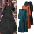 thumbnail image 3 of Robe Maxi à Manches Longues pour Femmes, Col Ras du Cou, Couleur Unie, Col à Nouer, Décontractée, Taille Haute, Ourlet à Volants, Bohème, Fluide, Longue, 3 of 3