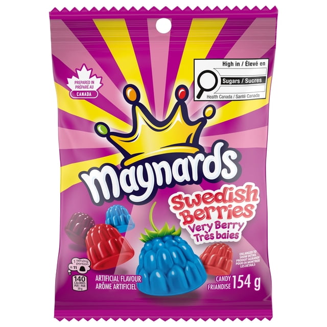 MAYNARDS Swedish Berries Sac de Bonbons Très Baie 154 g avec Bonbons Gélifiés Multicolores en Forme de Baie en Bleu, Rouge et Violet sur Fond de Rayons de Soleil Violets et Jaunes, Mettant en Vedette un Avertissement de Sucre de Santé Canada et une Étiquette de Feuille d'Érable « Préparé au Canada », Convient pour le Partage Lors de Fêtes Ou de road trips.
