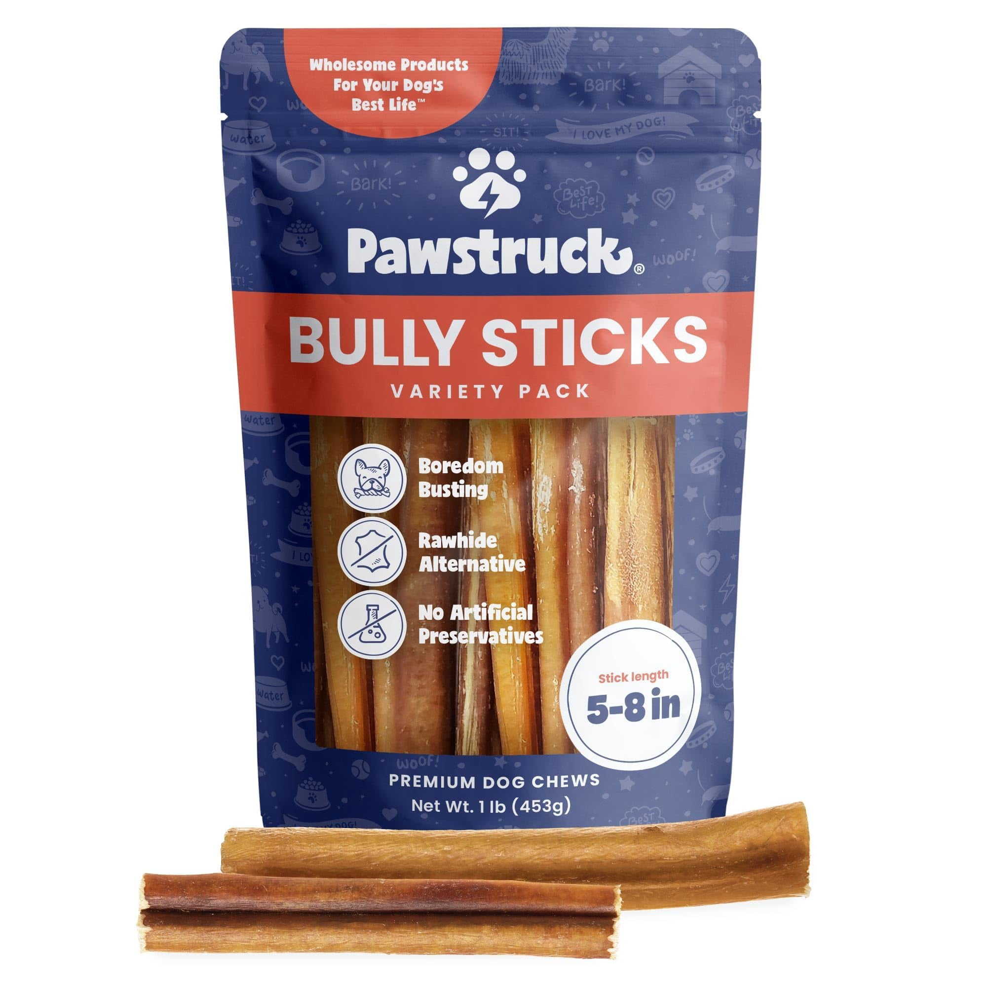 Pawstruck Premium 5-8" Bully Sticks for Dogs, 1 lb Bag - 100% Digestible, Natural Beef, Low Odor, Long-Lasting Chew for Medium & Large Dogs - Single Ingredient, Rawhide-Free Treat