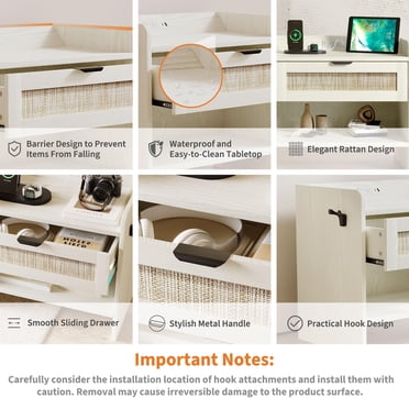 Rattan bedside cabinet with Type-C Charging Station – 1 Drawer & Open Shelf – Modern Boho Bedside Table for Bedroom, Office, or Living Room – End Table with Storage – Milky White
