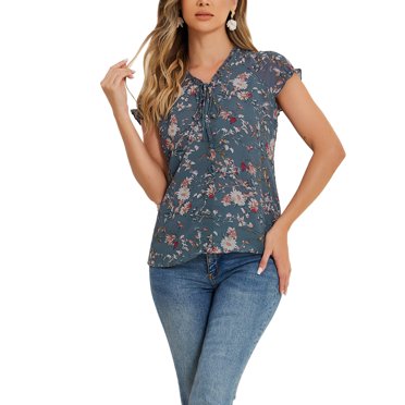 INSPIRE CHIC Women's Floral Blouse Short Cap Sleeve Chiffon Casual Ruffle Tops Grey Blue S