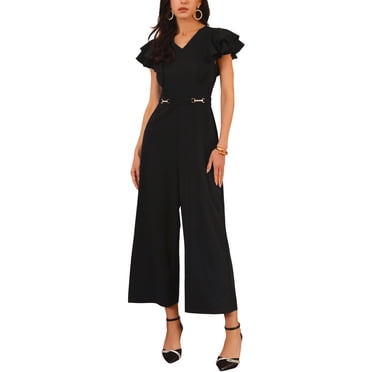 INSPIRE CHIC Combinaisons Habillées pour Femmes Manches à Volants Taille Haute Col en V Élégantes Longues Jambes Larges Pantalon S Noir