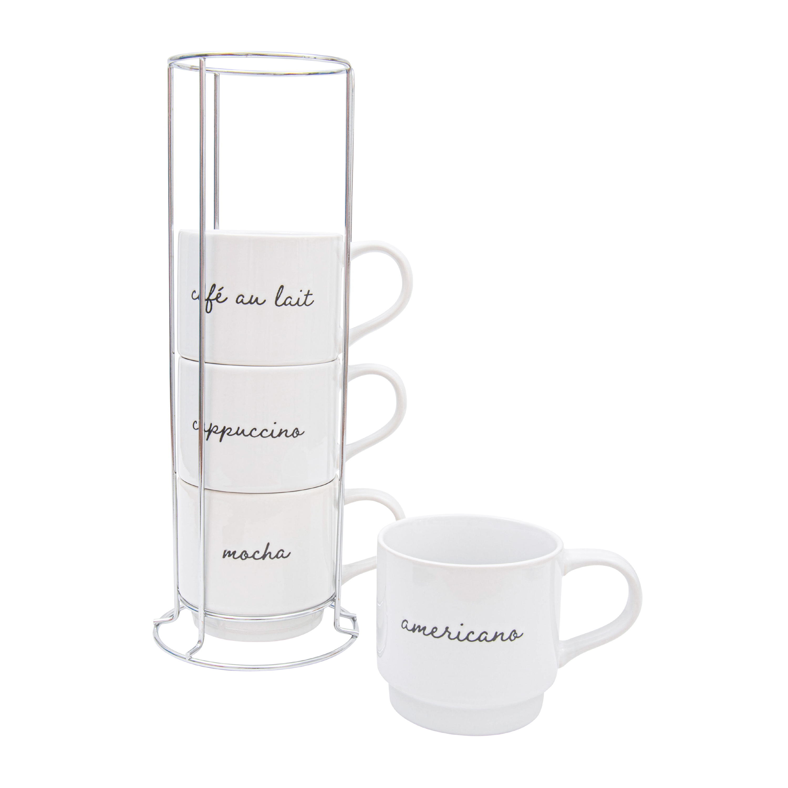 HomeTrends Mugs Empilable Emsemble 4 pièces avec Support en métal argenté