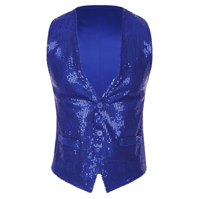 Doomiva Men Shiny Sequins Vest Button Sleeveless Slim Fit Waistcoat Club Prom Party Performance Dance Jacket Royal Blue 3XL