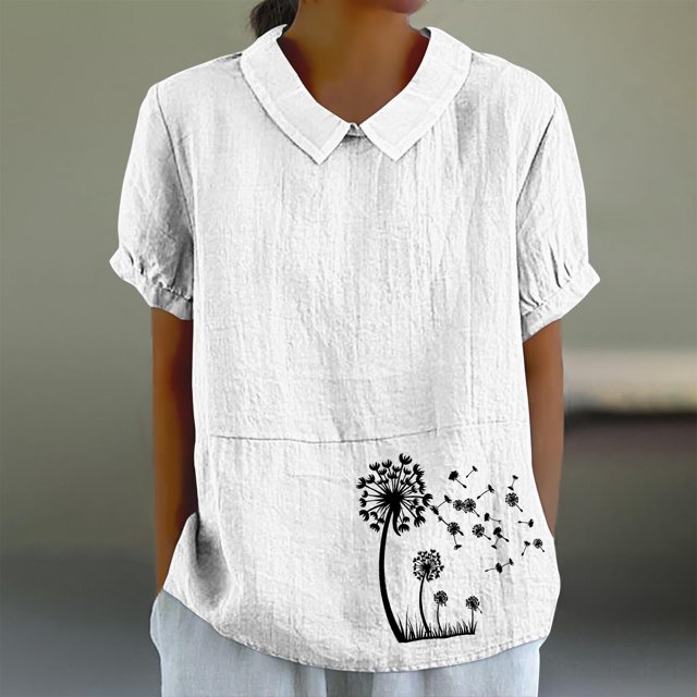 Jsaierl Chemises en Lin d'Été pour Femmes Imprimé Pissenlit Col à Revers Manches Courtes Blouses Simples Décontractées Polyvalentes