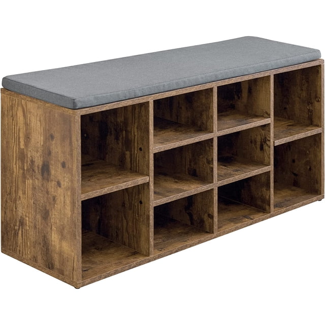 PayLessHere Shoe Bench - 10 Compartment Shoe Organizer with a 3-tier rack and adjustable shelves, shown in a brown wood finish with a cushioned gray seat. The bench features ten open compartments for versatile storage, suitable for living rooms, entryways, hallways, or bedrooms. Its compact design and easy assembly make it ideal for organizing shoes, toys, or other essentials.