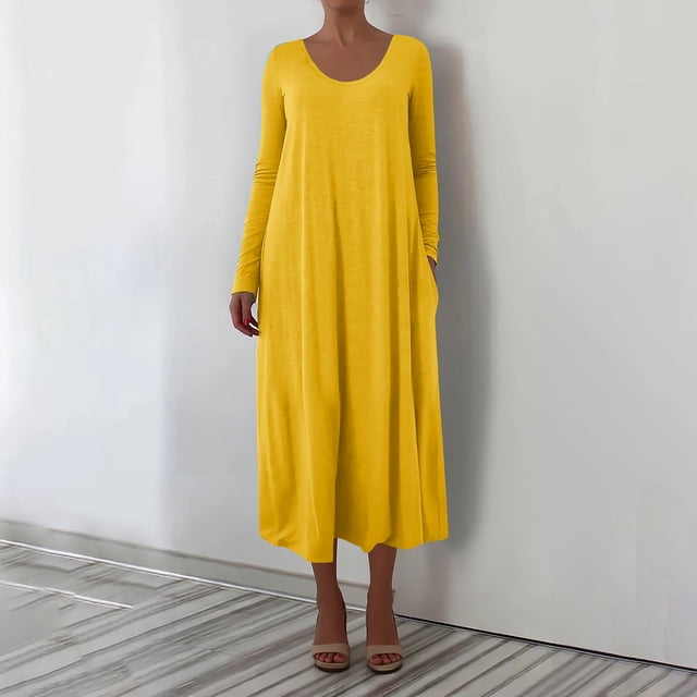 Fznquz Robes Unies pour Femmes 2026 Décontracté Jaune Manches Longues Ligne A Grande Taille Robe d'Été Poches Ample Robe Maxi pour Femmes