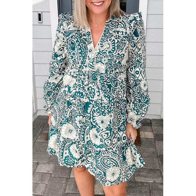 FOLUNSI Robe Maxi Élégante Verte à Fleurs : Ourlet à Volants et Encolure Fendue, Grande Taille Beauté