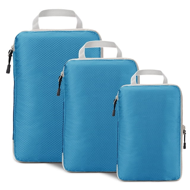 Compression Packing Cubes for Suitcases Travel Essential 3 Pcs Expandable Travel Bags Organizer for Luggage. The image shows three blue packing cubes of varying sizes with a textured fabric design, white handles, and smooth double zippers. These compression cubes are designed to save up to 60% of luggage space and reduce clothing wrinkles. Suitable for suitcases, backpacks, and duffel bags, ideal for travel, business trips, and vacations.