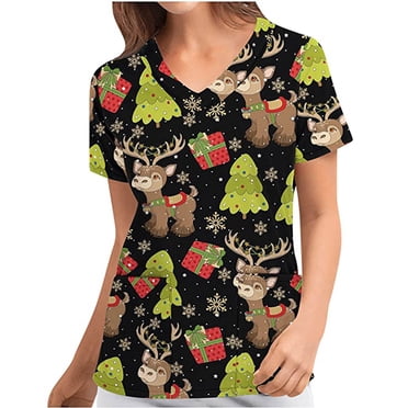 TIMIFIS Blouse d'Uniforme Imprimée de Noël pour les Fêtes, Hauts d'Uniforme Imprimés d'Halloween, Bonhomme de Neige, Manches Courtes, Col en V, Tunique de Travail pour Soins Infirmiers, Blouse d'Uniforme de Travail avec Poches - Noir - Automne/hiver