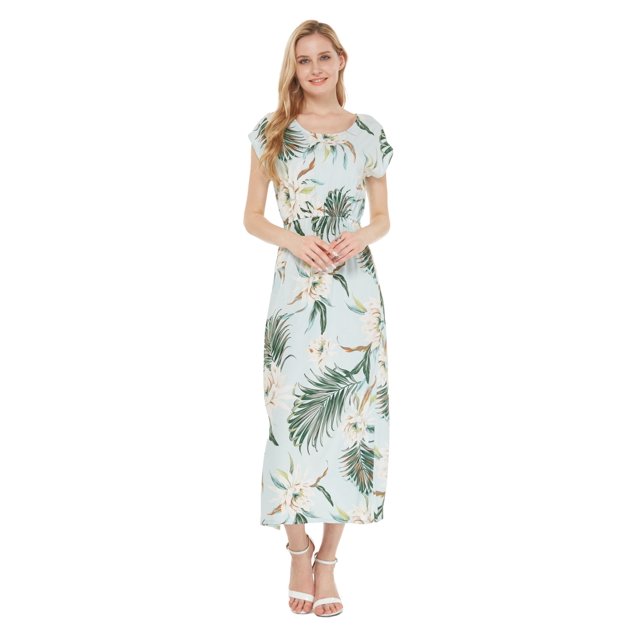 Robe Longue Simple Hawaïenne pour Femme à Manches Cap Luau L Wispy Cereus Bleu Pâle
