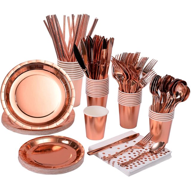 missunny-200pcs Rose Gold Party Supplies - Rose Gold Paper Plates & Napkins Cups Silverware Serves 25 Sets for Wedding Bridal Shower Engagement Birthday Parties.(Rose Gold)