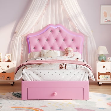 EDTara Twin Size Princess Bed Frame with Storage Drawers & LED Lights, Velvet Upholstered Platform Bed with Crystal Buttons, No Box Spring Needed, Noise-Free Kids Bed