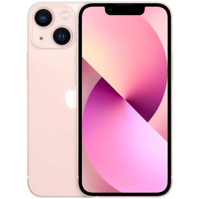 Refurbished Apple iPhone 13 Mini 5G in pink, featuring a 5.4-inch Super Retina XDR OLED display and dual 12MP rear cameras with sensor-shift optical image stabilization. The compact smartphone includes a 12MP front camera, A15 Bionic chip, and 128GB storage. It is fully unlocked, IP68 water and dust resistant, and supports MagSafe wireless charging. Shown in excellent condition with a sleek aluminum frame and Ceramic Shield glass.