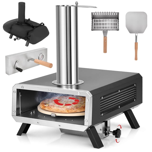 Costway Four à Pizza Extérieur Poêle à Pizza en Granules de Bois avec Pierre à Pizza Ronde Rotative de 12 Pouces. Ce Four en Acier Inoxydable Noir et Argenté Comprend une Pierre à Pizza Rotative à 360°, un Thermomètre Intégré et une Cheminée pour un Contrôle Précis de la Chaleur. Accessoires Tels Qu'une Pelure de Pizza, un Plateau en Bois et un Couvercle Protecteur Sont Inclus. Compact et durable, Idéal pour la Cuisson Extérieure de pizzas, de Pain et de Légumes.