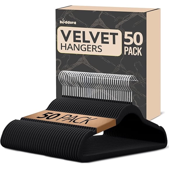 Beddora Black Velvet Hangers – Heavy Duty Non-Slip Closet Hangers with Chrome Swivel Hook, Slim Space-Saving Design for Shirts, Jackets, Dresses, Suits & Pants - 50 Pack