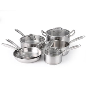 10-Piece Superior Tri-Ply Stainless Steel Cookware Set – PFOA-Free, Non-Toxic, Induction & Oven Safe – Even Heat Distribution – Includes Frying Pans, Saucepans, Sauté Pan, Stock Pot with Lids