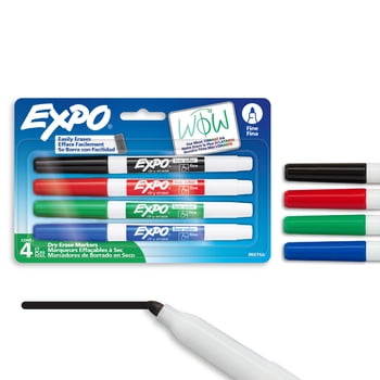 EXPO Dry Erase Markers, Low Odour Ink, Fine Tip, Assorted Colours, 4 Count