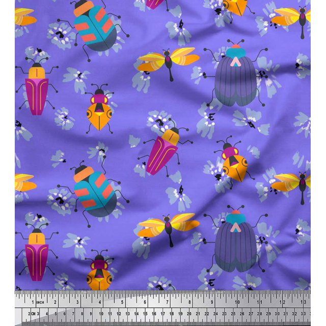 Soimoi Polyester Crepe Fabric Floral & Insects Clip Art Print Sewing Fabric Yard 52 Inch Wide