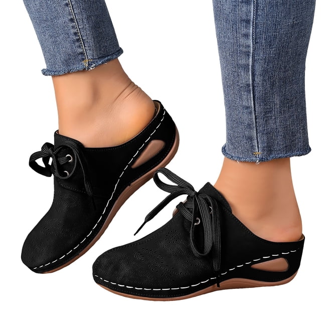Sabots à Talon Compensé pour Femmes, Mules à Enfiler, Chaussures Confortables à Lacets, Bout Fermé, Sandales d'Été Sans Talon