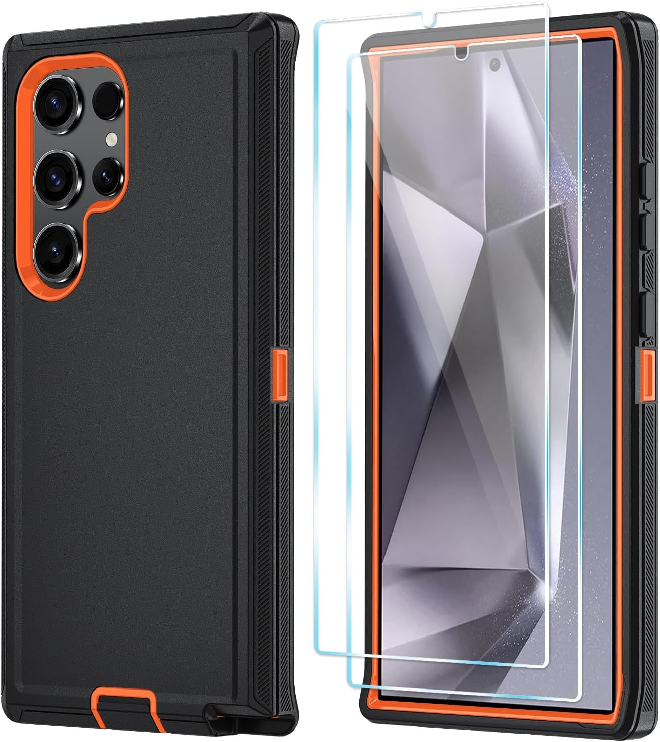 for Samsung Galaxy S24 Ultra Case with HD Screen Protector [Not fit S24 / S24 Plus ], Samsung S24 Ultra Phone Case, [3 in 1] Heavy Duty Phone Case (Galaxy S24 Ultra 6.8",BlackOrange)