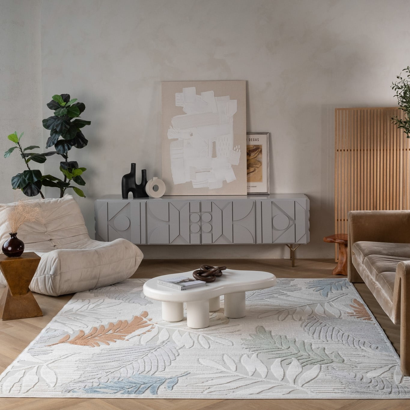 Tapis d'interieur/exterieur abstrait Rug Branch Alfombra, beige creme, motif floral - Salon, chambre, salle a manger et cuisine